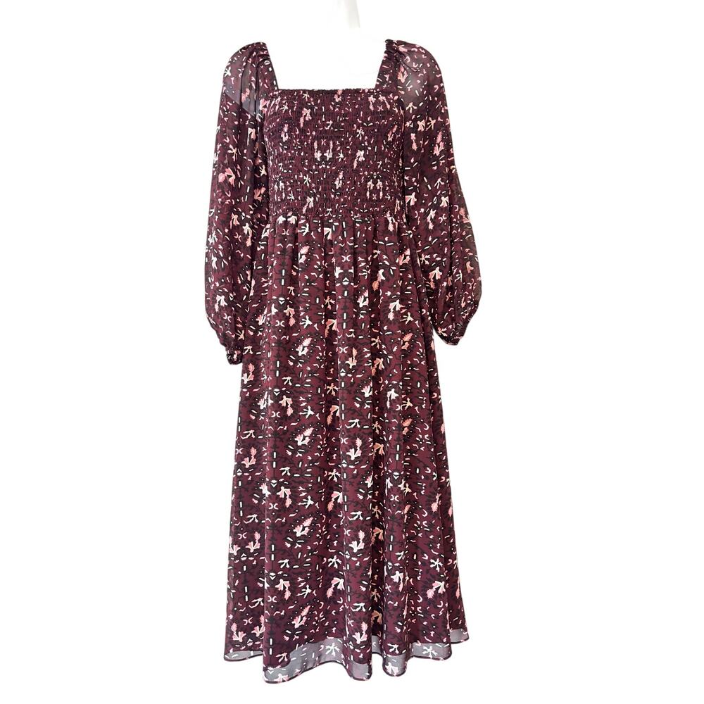 Madewell Georgette Sheer Sleeve Smocked Midi Dress in Rich Paisley XS